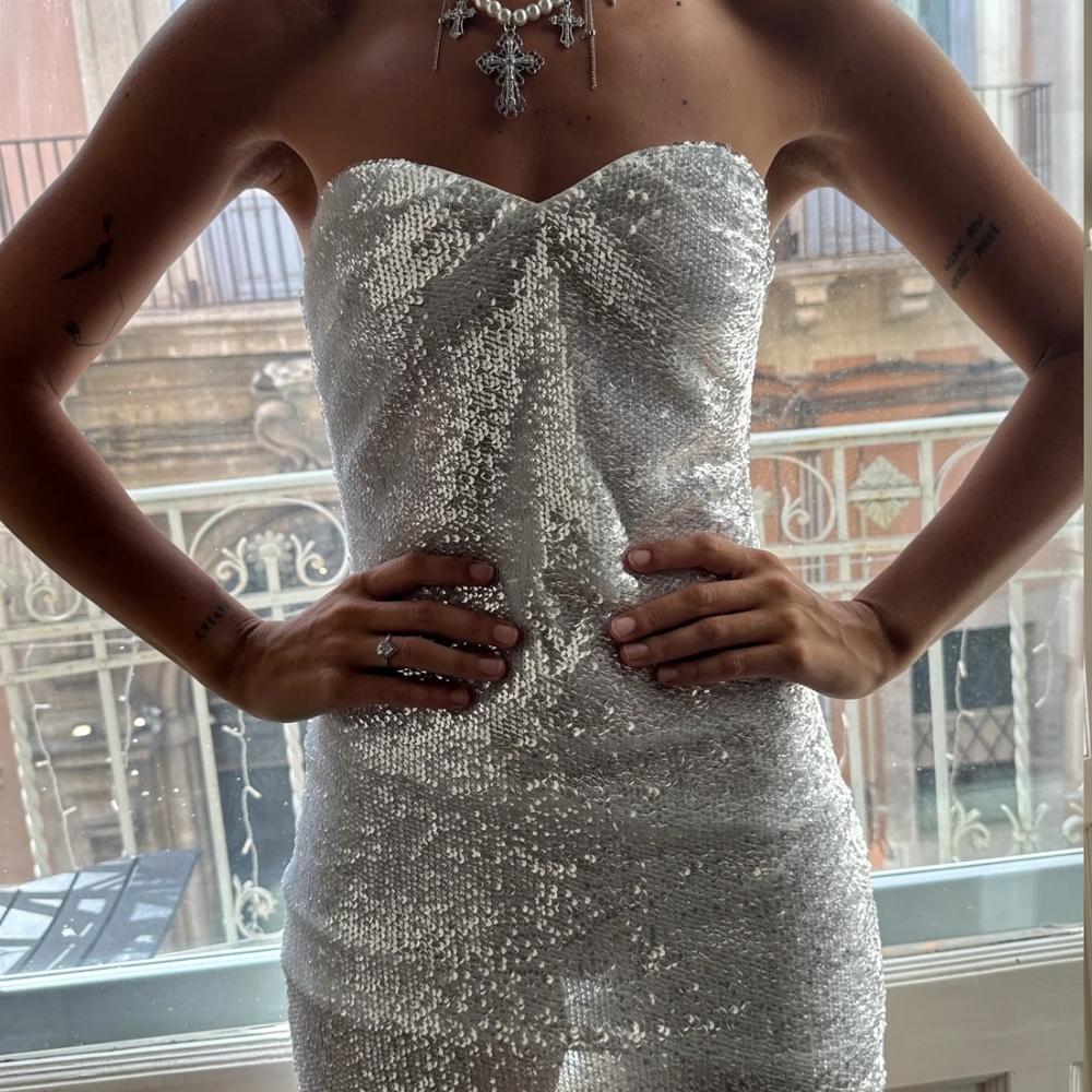 Silver Sequin Strapless Dress